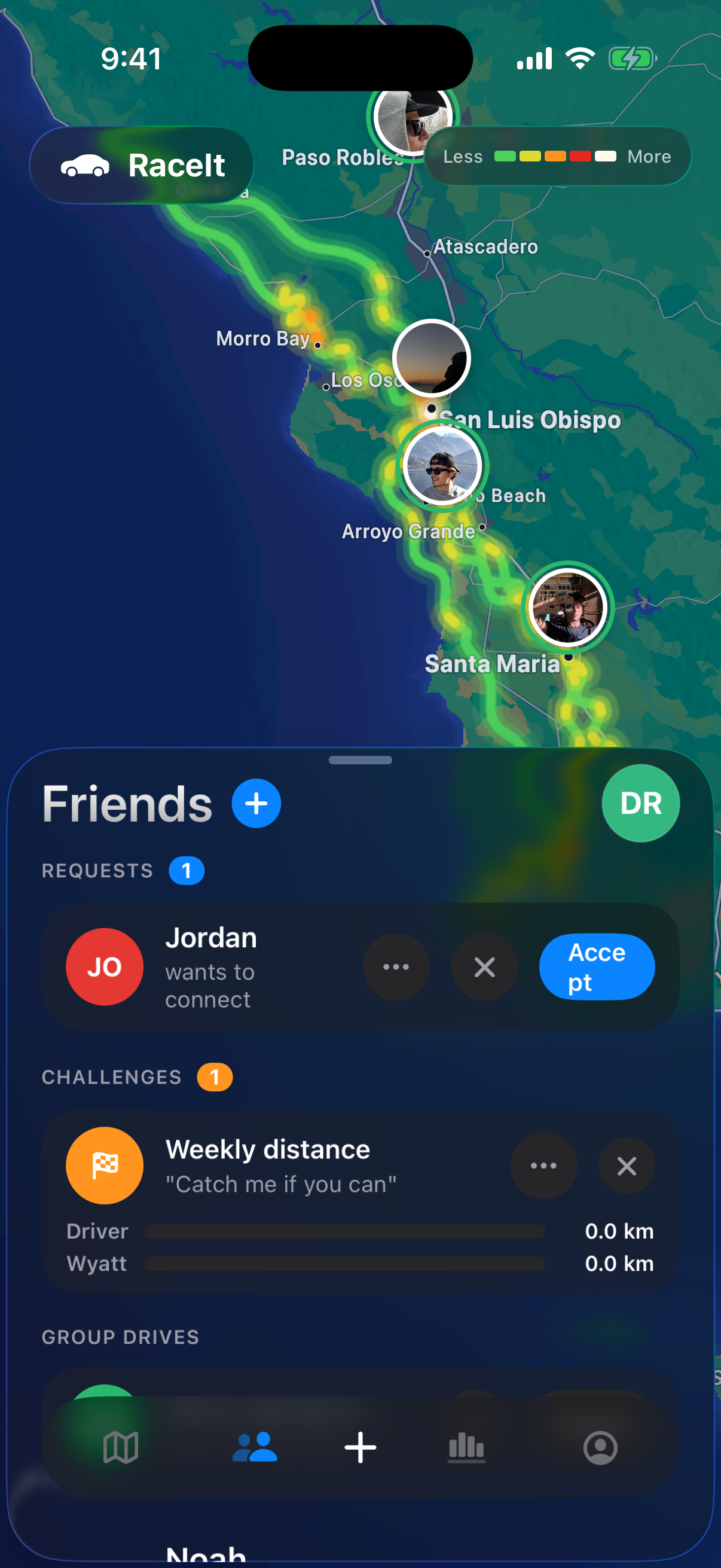 Friends driving live on the RaceIt map